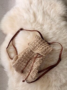 Handcrafted Cream Crochet Drawstring Backpack with Brown Straps
